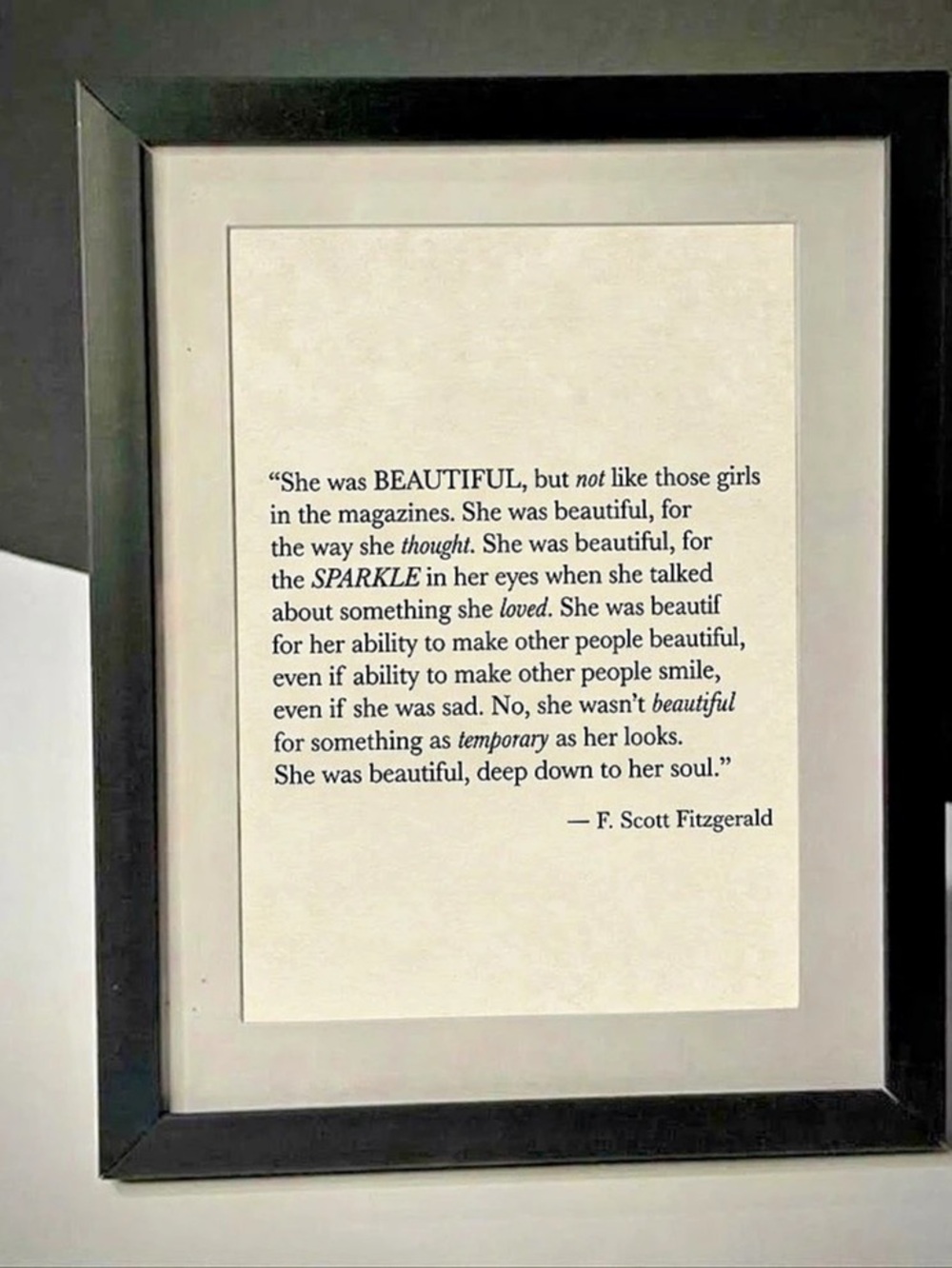 Framed Literary Quote Print  “She Was Beautiful” by F. Scott Fitzgerald 7x9